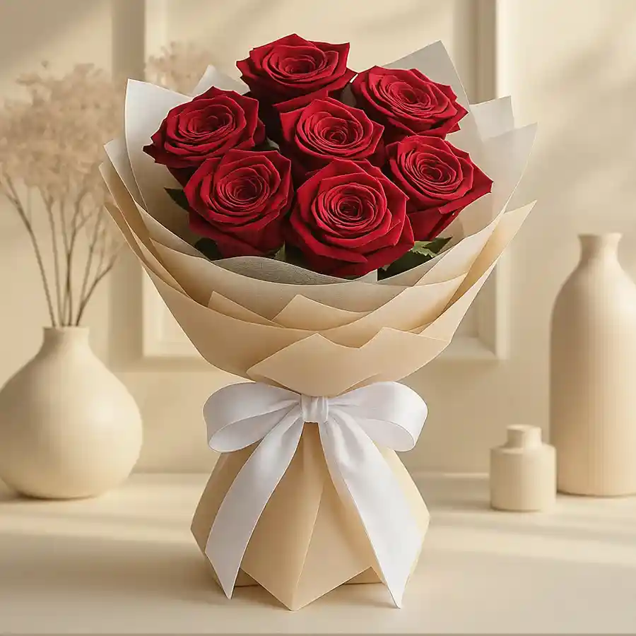 A beautiful arrangement of eight radiant red roses in a bouquet, perfect for gifting and celebrating special moments.