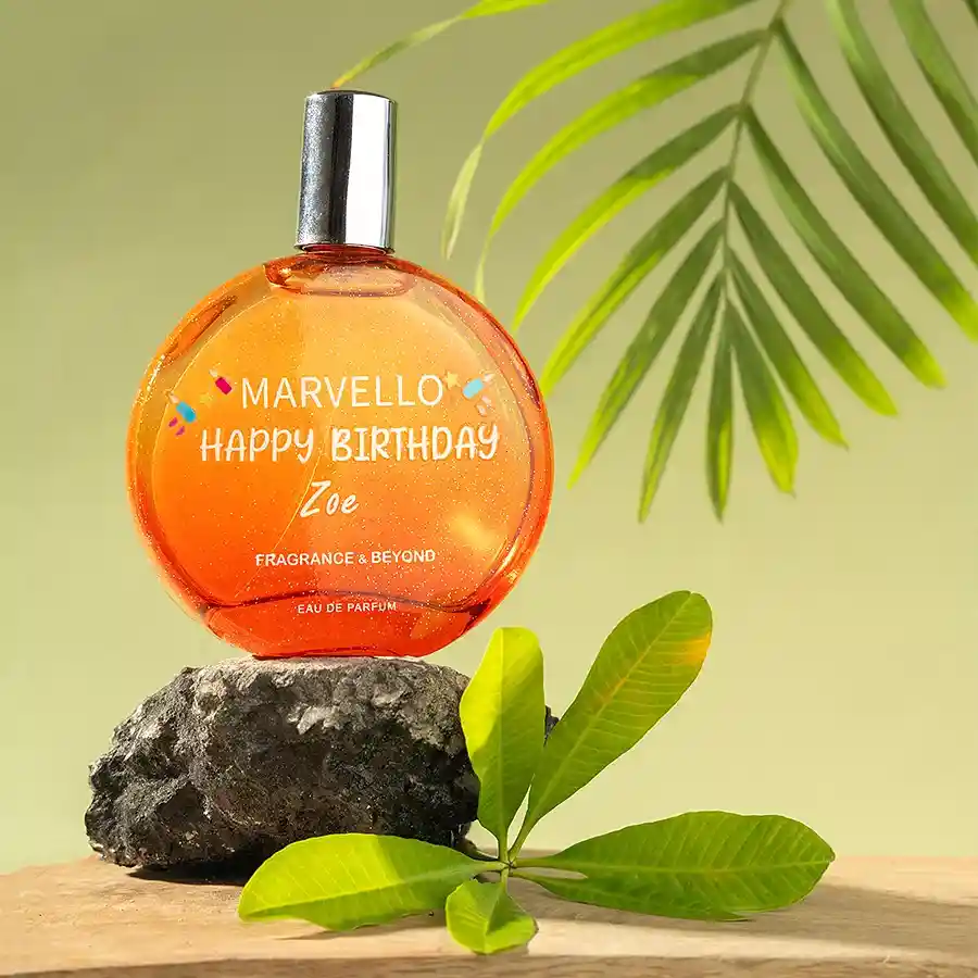 A beautifully designed 100ml bottle of Dreamy Ambery Perfume with a fresh and elegant floral and woodsy scent, set against a soft, romantic background.