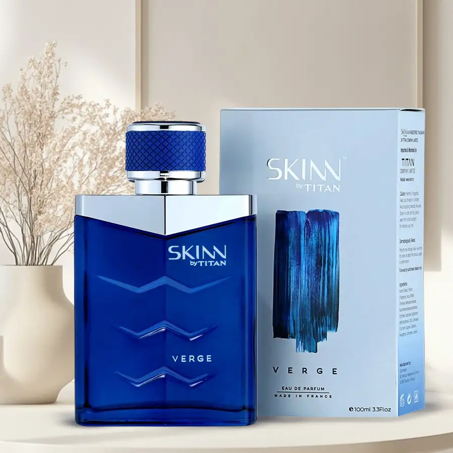 Bottle of Skinn Verge fragrance for men, showcasing its sleek design and elegant branding.
