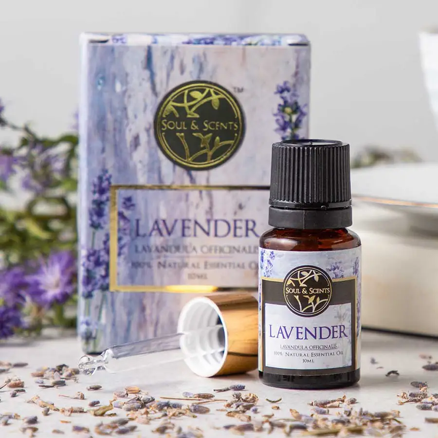Calming Lavender Essential Oil 10ml bottle with floral and herbaceous design