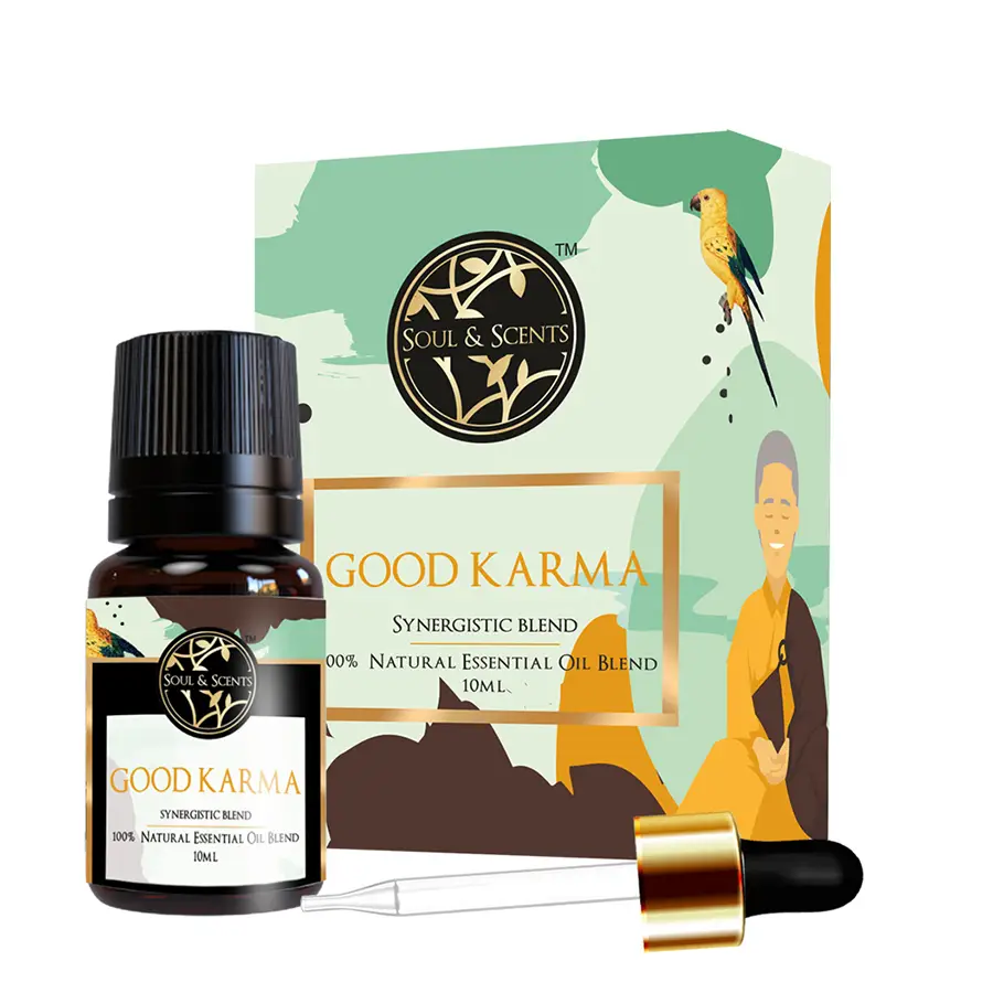 Bottle of Soul Soothing Good Karma Essential Oil with a serene background