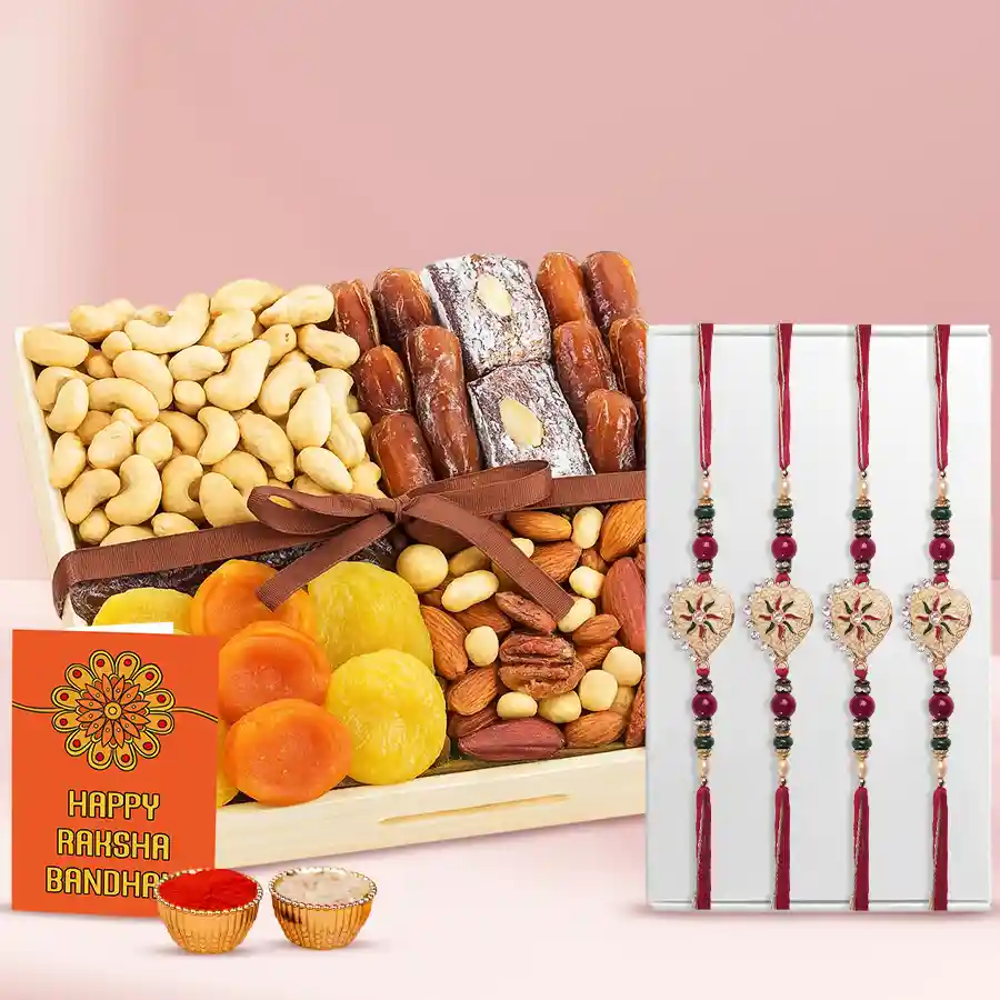 Classy Set of 4 Stone Rakhi with Assorted Dry Fruits Tray