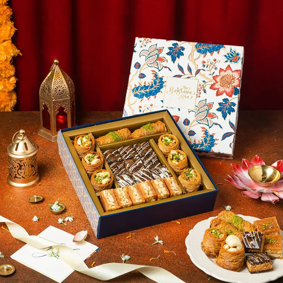 Vegetarian Splendor Diwali Gift Box featuring Kunafa Baklava