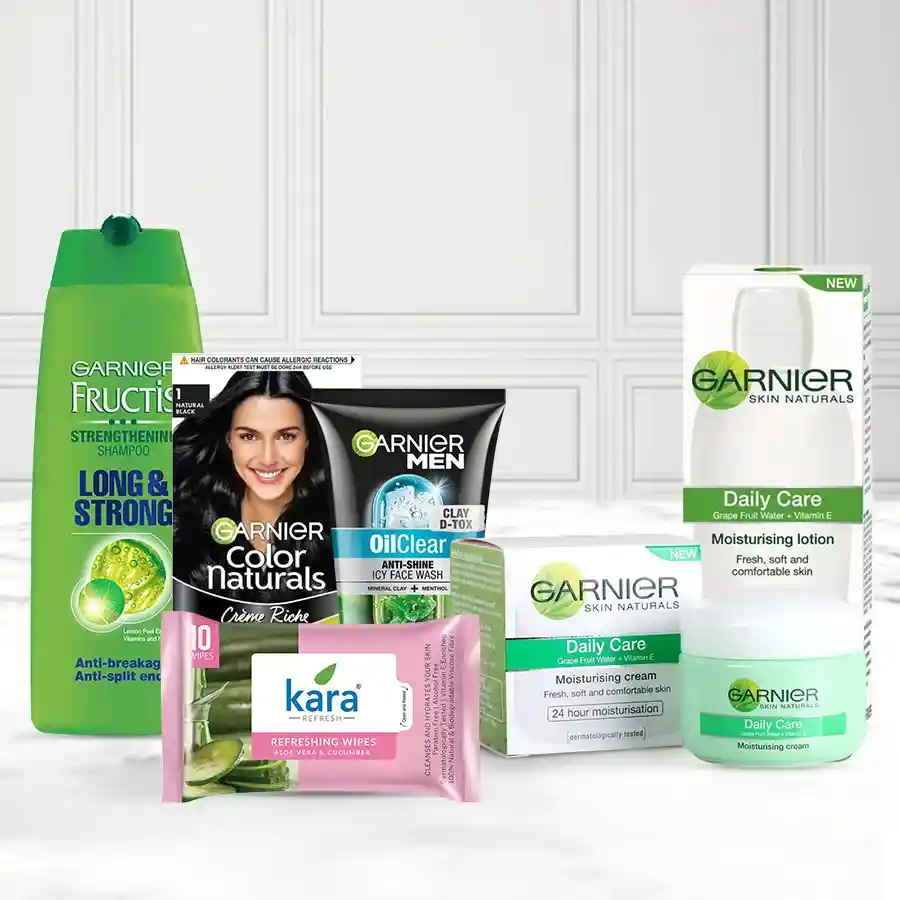Luxurious Garnier Skin & Hair Care Hamper featuring face wash, moisturizer, shampoo, and more for a pampering experience.