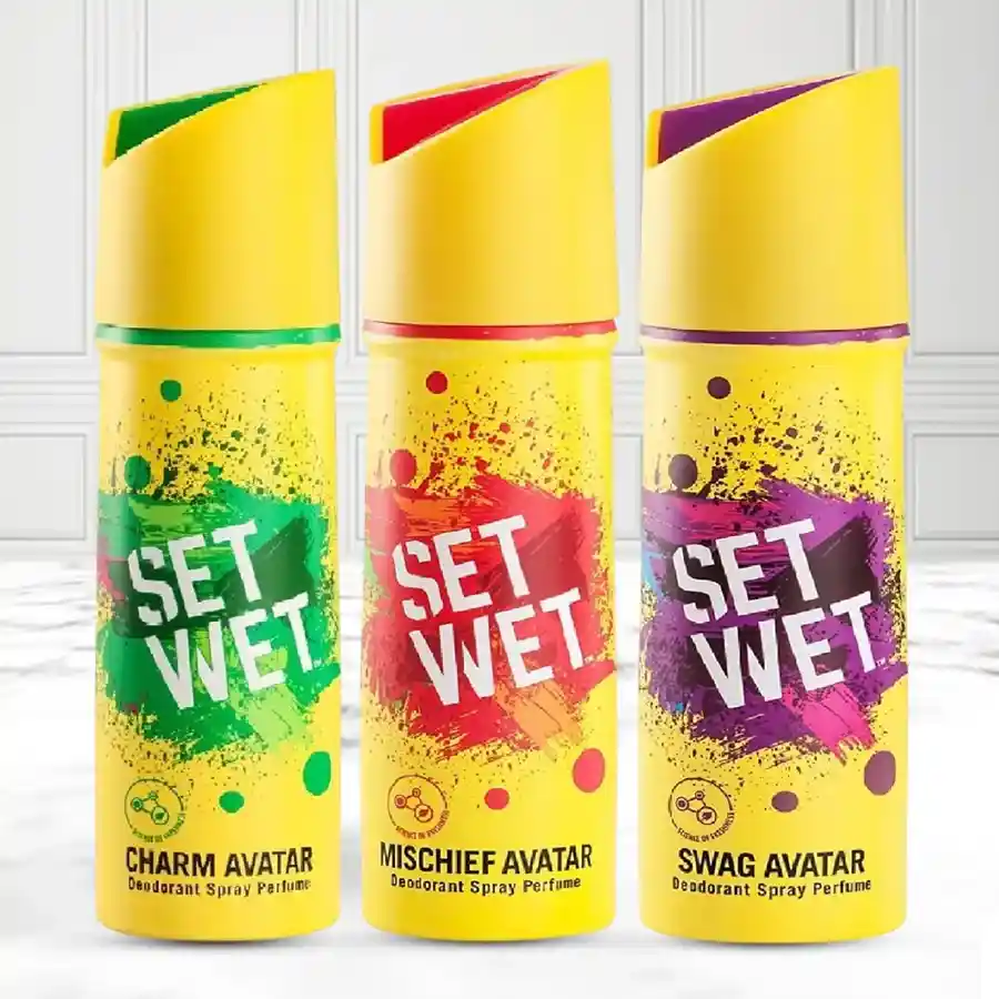Set Wet Deodorant Spray Trio featuring Cool Avatar, Charm Avatar, and Swag Avatar, perfect gift with refreshing scents.
