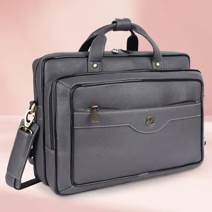Stylish Graphite Grey Leather Laptop Bag for Men designed to fit laptops up to 16 inches, featuring a durable exterior and spacious interior.