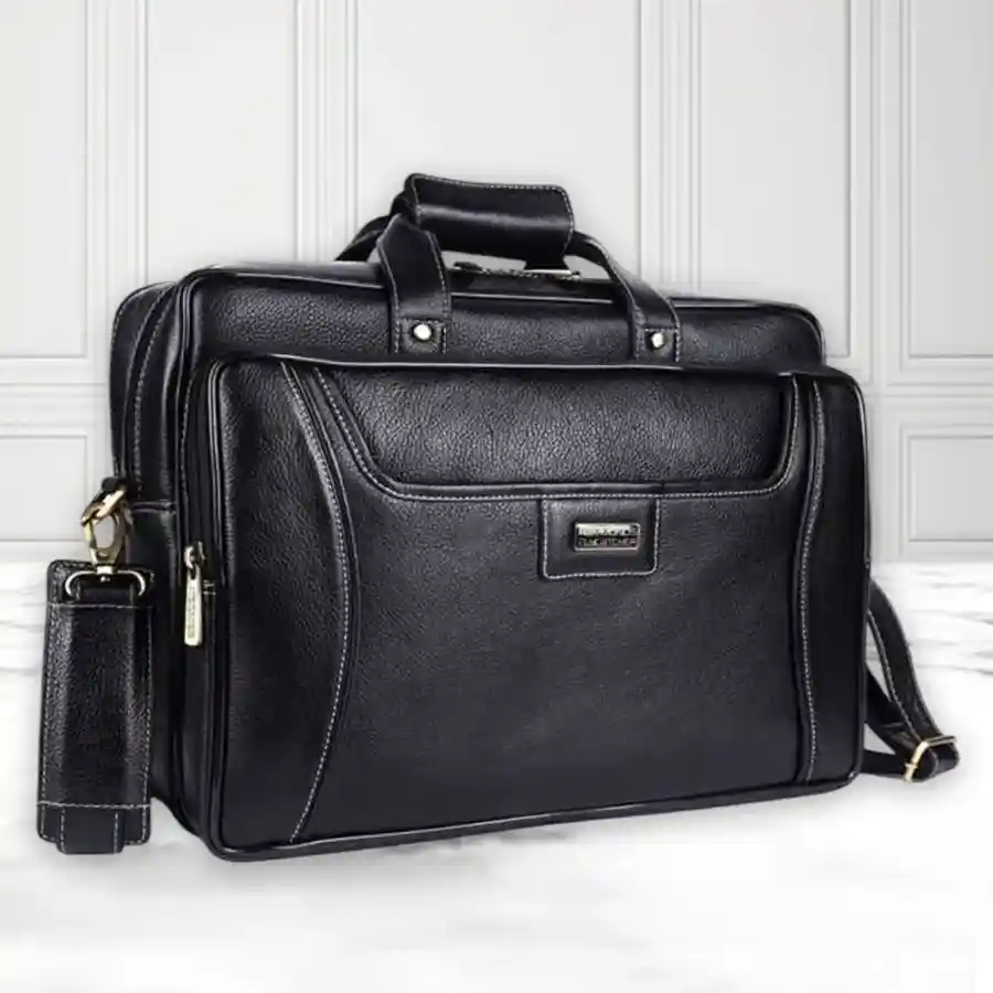 Sleek Black Leather Laptop Bag designed for 14-16 inch laptops, featuring padded interior and adjustable shoulder strap.