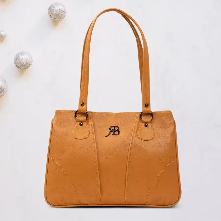 Tan faux leather vanity bag in balloon shape for women, featuring two chambers.