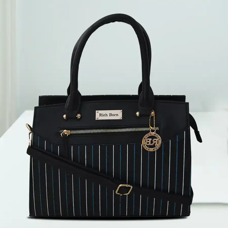 Striking Striped Faux Leather Bag featuring black, blue, and golden stripes, perfect for women's fashion and daily use.